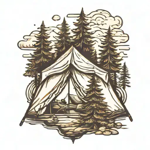 Tent and forest landscape tattoo design idea