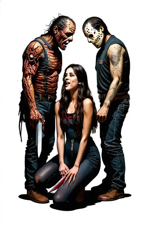 full body of freddy krueger vs jason vorhees with girl kneeling between them. freddy has his finger blade on her tongue tattoo design idea