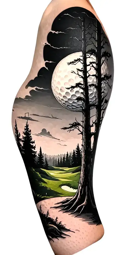 creepy forest scene with black sky golf course golf ball tattoo design idea