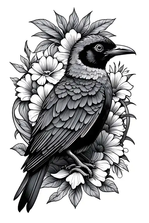 A detailed tattoo of the Saint Lucia national bird surrounded by intricate floral patterns, representing the beauty of nature tattoo design idea
