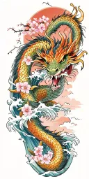 A fierce dragon emerging from the ocean waves with koi fish and cherry blossom trees in the background tattoo design idea