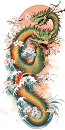 A fierce dragon emerging from the ocean waves with koi fish and cherry blossom trees in the background tattoo design idea