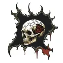 White Skull, Cracked, Bloody, missing Jawbone, missing teeth, melting, decrepit Dark red blood, Spine, Bloody, Horror. tattoo design idea
