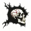 White Skull, Cracked, Bloody, missing Jawbone, missing teeth, melting, decrepit Dark red blood, Spine, Bloody, Horror. tattoo design idea