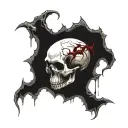 White Skull, Cracked, Bloody, missing Jawbone, missing teeth, melting, decrepit Dark red blood, Spine, Bloody, Horror. tattoo design idea