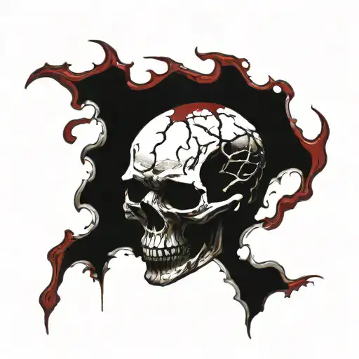 White Skull, Cracked, Bloody, missing Jawbone, missing teeth, melting, decrepit Dark red blood, Spine, Bloody, Horror. tattoo design idea