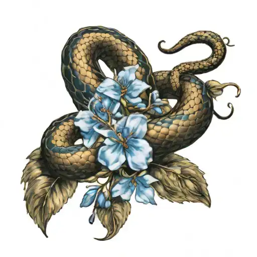 snake wrapped around forearm with a blue blossom tree tattoo design idea