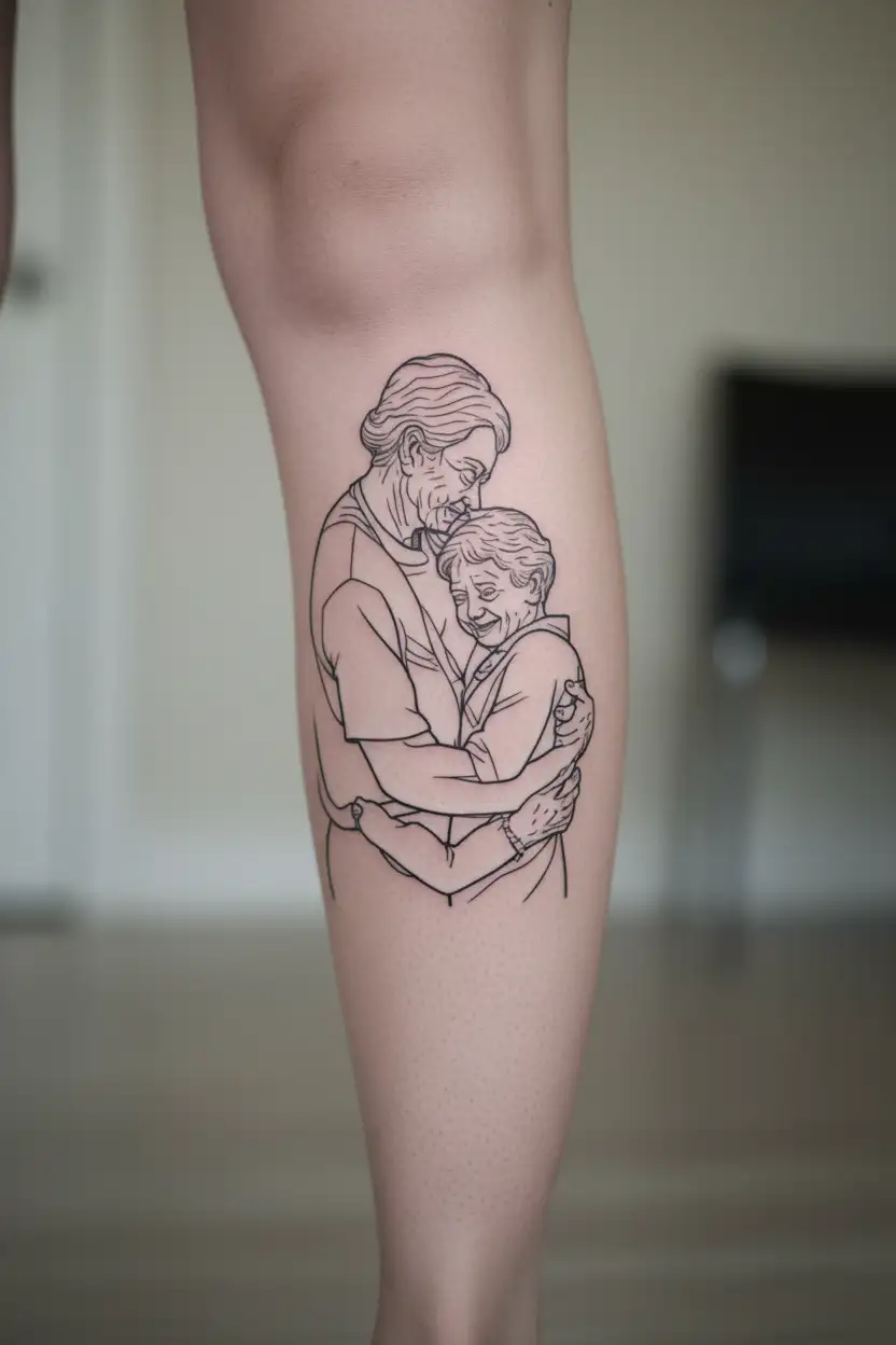 Grandma in the picture and her grandson hugs her. tattoo design idea