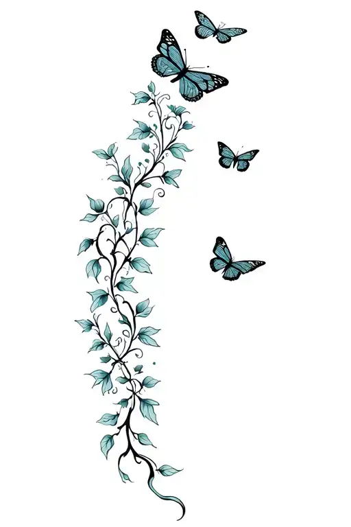 flowers on vines going up the spine and 3 butterflies at the top tattoo design idea