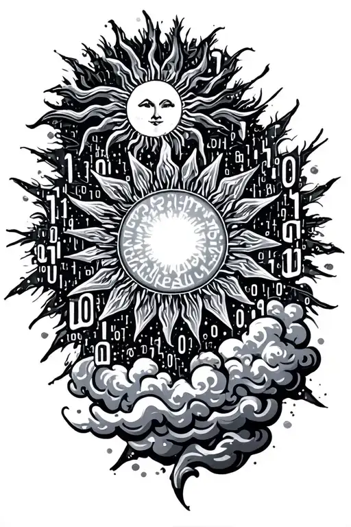 Sun, Star, Snow flake, Clouds and programming codes or binary numbers tattoo design idea