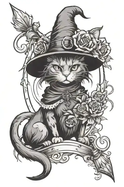 Witch, salem the cat, goth core surrounded stylus femme tattoo design idea