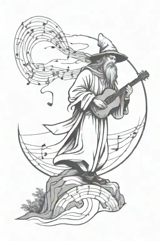 a musical wizard with braided hair standing on a hill with music notes flying around  tattoo design idea