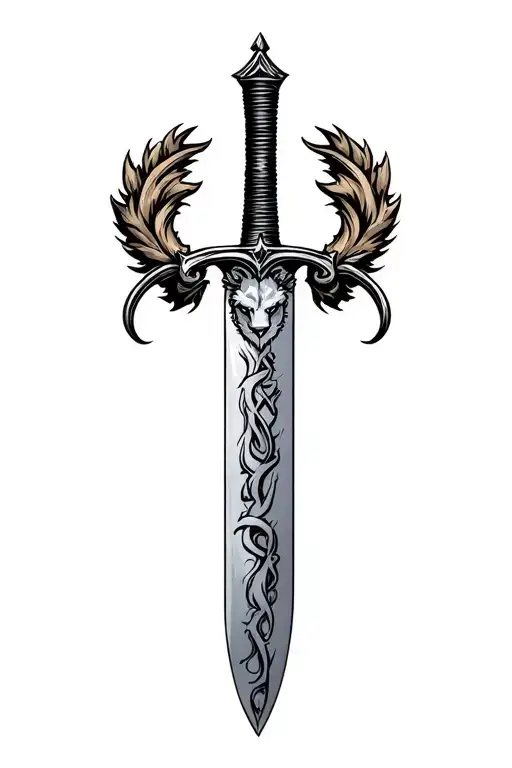 Sharp long dagger with runes shaded lion head tattoo design idea