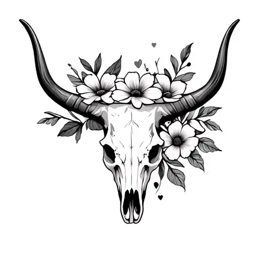 longhorn skull with February, April, July, September, October, November, December birth month flower simple tattoo design idea