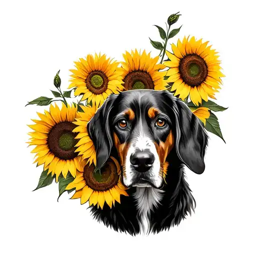 A coonhound with sunflowers blooming from its fur tattoo design idea