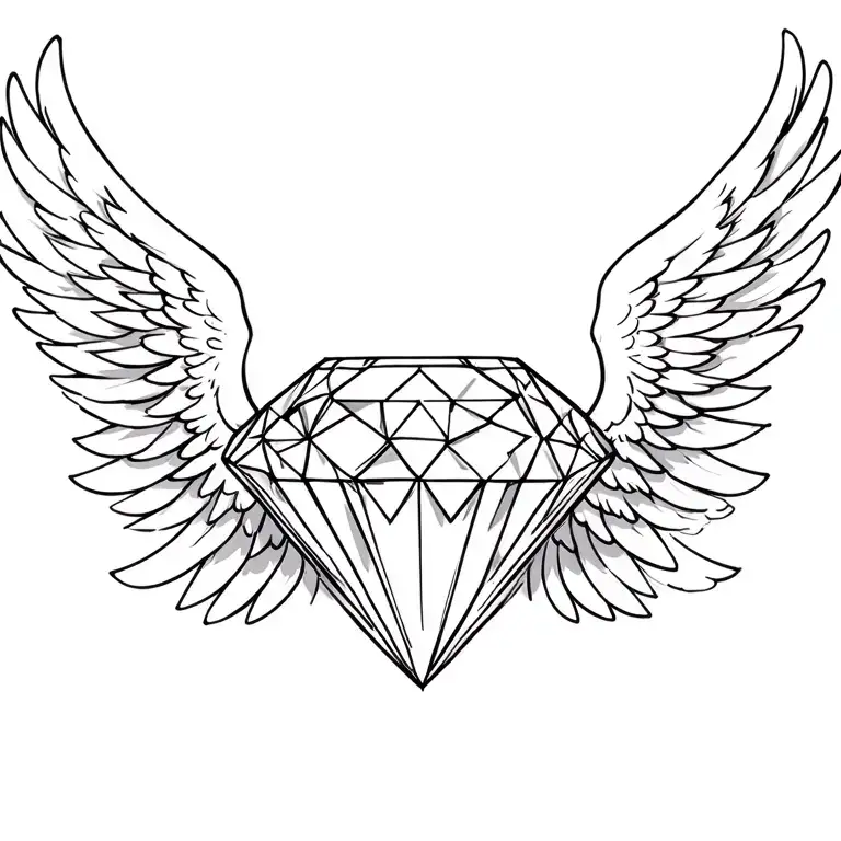 a diamond with angel wings spread wide to the side with shading of the wings and the diamond with no background tattoo design idea