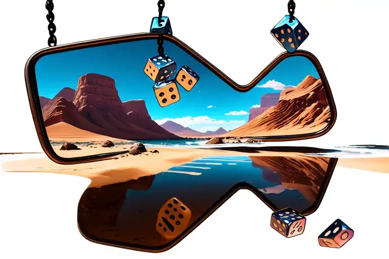 rear view mirror reflecting the desert and ocean landscape with melted dice  hanging from the mirror tattoo design idea