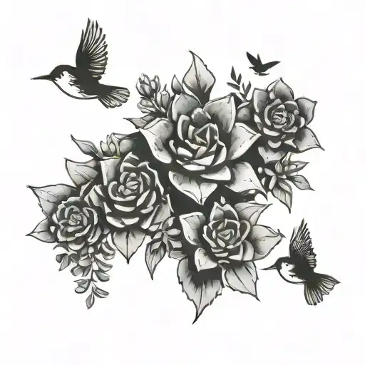succulents, extra small silouets of birds flying away tattoo design idea