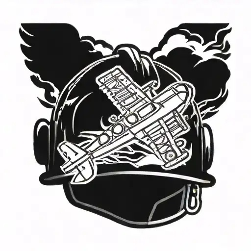 A firefighter's helmet engulfed in flames with a bold airplane silhouette in the background tattoo design idea