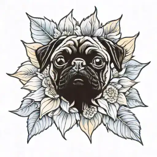 Black pug face with sunflower tattoo tattoo design idea