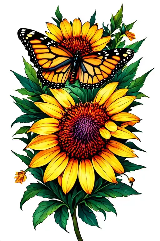 monarch butterfly and coneflower  tattoo design idea
