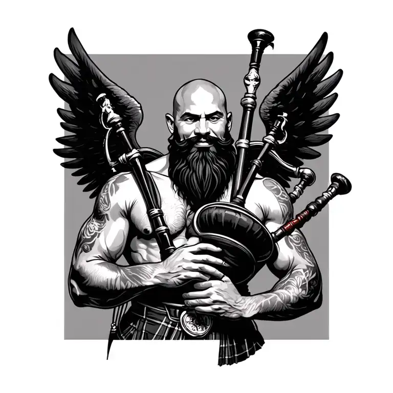 scottish bagpiper bald black beard  muscular wearing pipes in arm big black wings shirtless tattoo happy tattoo design idea