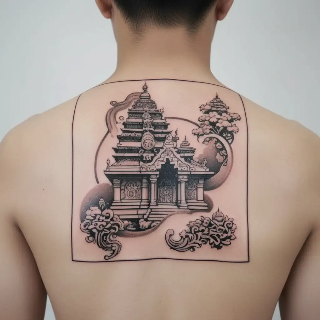 hindu temple with background of himalyas and ornamental surrounding  tattoo design idea