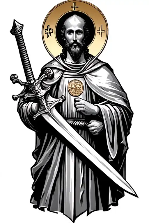 saint benedict medal knight holding a sword tattoo design idea