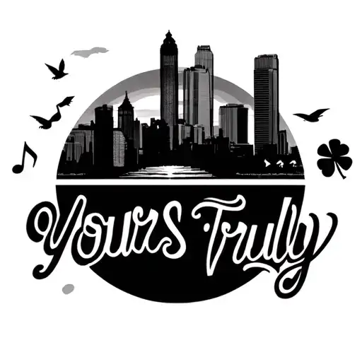 city of boston with sunset but in between are the words "yours truly", music notes, mini birds, a celtics clover, the nu tattoo design idea