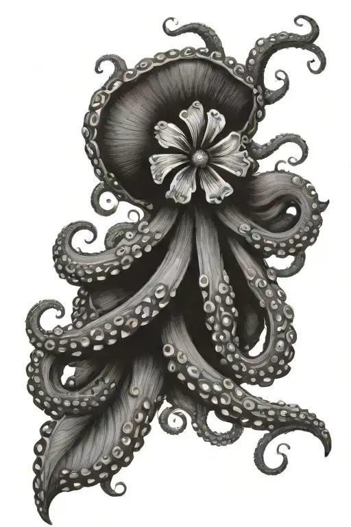 octopus and violet flower large black leaves tattoo design idea
