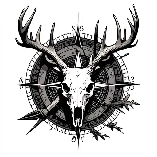 a ancient compass Elk skull below it compound bow hunting scene tattoo design idea