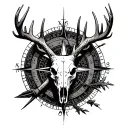 a ancient compass Elk skull below it compound bow hunting scene tattoo design idea