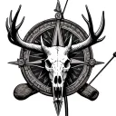 a ancient compass Elk skull below it compound bow hunting scene tattoo design idea