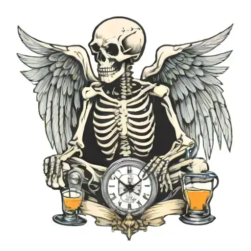 Skeleton with wings sitting holding an hour glass wings. A banner with "Hodie Mihi, Cras Tibi" tattoo design idea