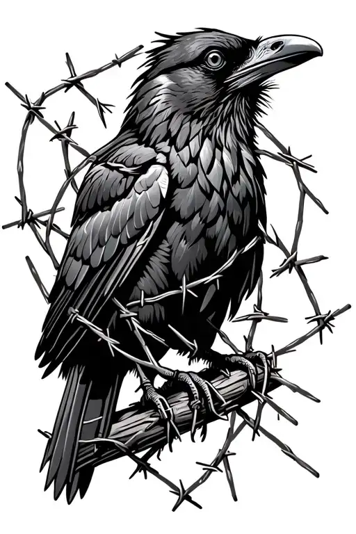 Crow wrapped in barbed wire, messy feathers and the beak is closed tattoo design idea