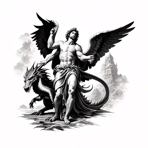Tattoo stencil design of Saint Michael the Archangel defeating the dragon tattoo design idea