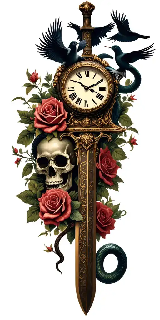 Roman numeral clock, skull,snake,roses,doves,sword tattoo design idea