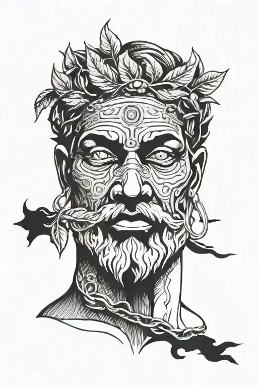 greek god eyes closing facing front with hush finger sign with a bleeding head wearing laurel leaves  tattoo design idea