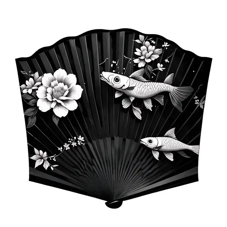 Japanese style fan with flowers and koi fish tattoo design idea