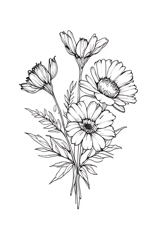 november birth flower, april birth flower, may birth flower and december birth flower in a bouquet  tattoo design idea