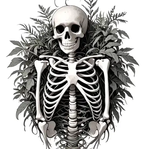 Skeleton covered in plants wrapping around it like its been growing around it between its ribs and spaces all over huggi tattoo design idea