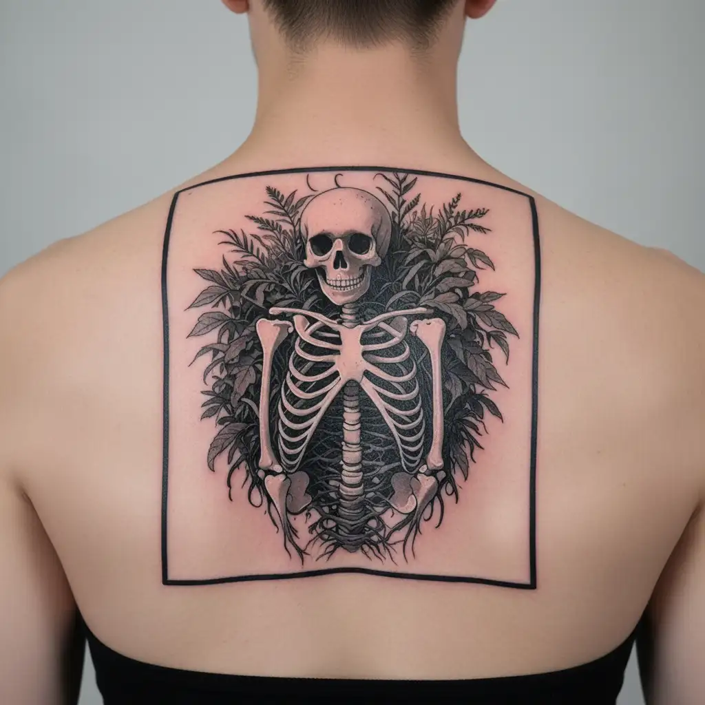 Skeleton covered in plants wrapping around it like its been growing around it between its ribs and spaces all over huggi tattoo design idea