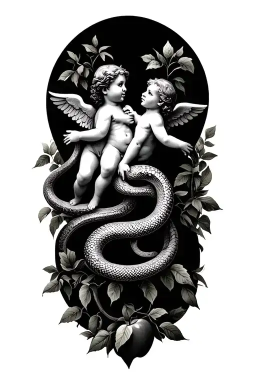 garden of Eden two cherubs snake and apple tree intertwined tattoo design idea