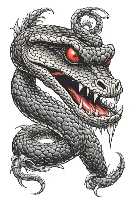 A ferocious black king cobra with intense red eyes and very detailed scales and tongue and big fangs charging at you wit tattoo design idea