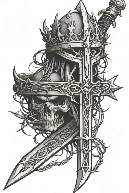 Sword, Crown of thorns wrapped tattoo design idea