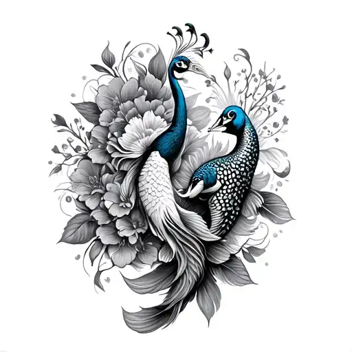 peacocks, koi fish, elephant flowers intertwined tattoo design idea