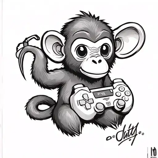 A cute monkey holding a gaming controller tattoo design idea