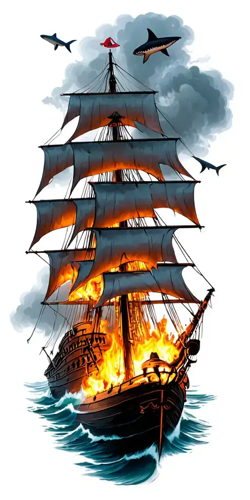 burning pirate ship with sharks swimming tattoo design idea