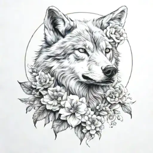 flower wolf moon tattoo design idea