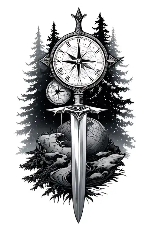 sword, world map, compass, clock, forest tattoo design idea